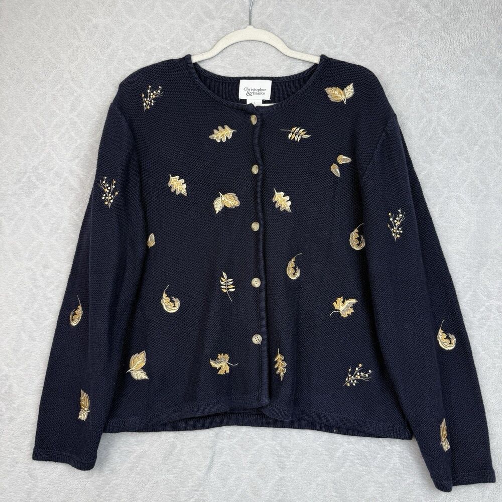 Vtg Fall Leaves Cardigan Sweater Large Knit Embroidered Autumn Cottage Grandma